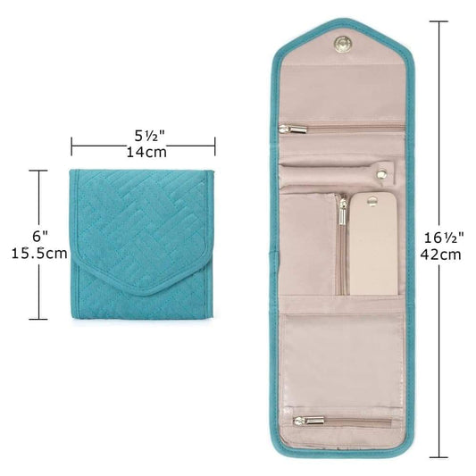 Teal travel jewelry box with zip front and fold-out compartments for rings and necklaces