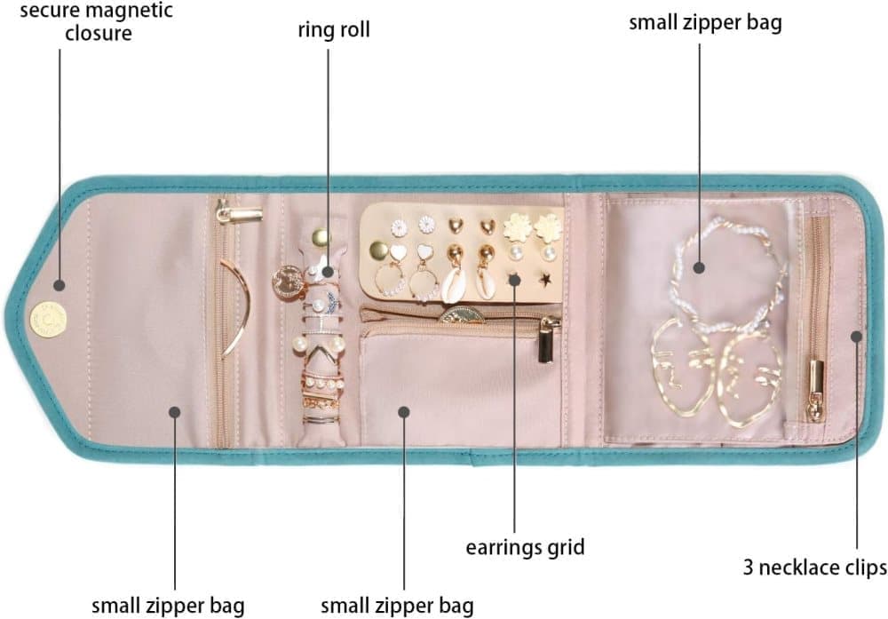 Green Travel Jewelry Box with Compartments, Compact Portable Jewelry Storage Bag, 15cm