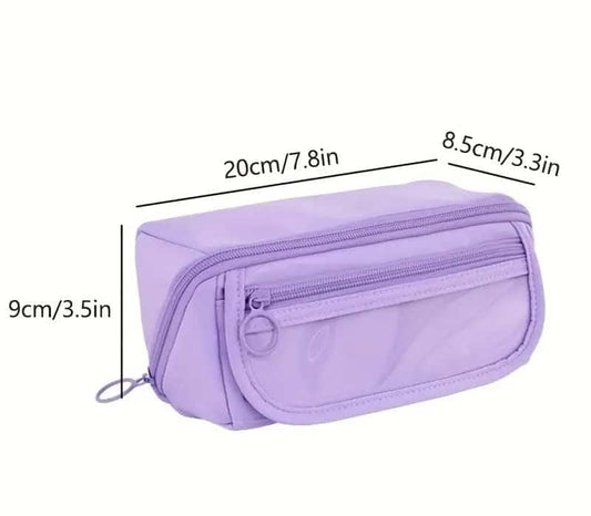 Lavender waterproof pencil case with zipper, rounded rectangular shape and carry loop