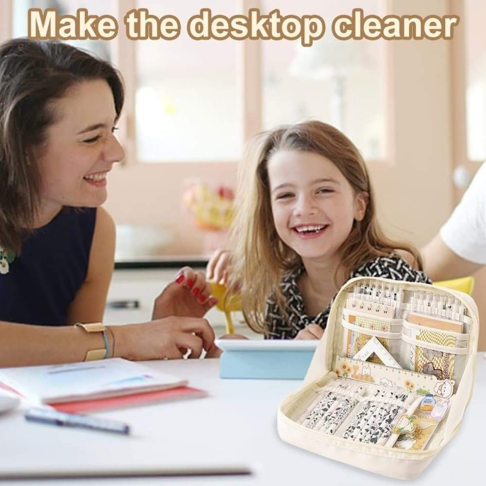 Cream pencil case on desk with pen compartments, opened beside papers