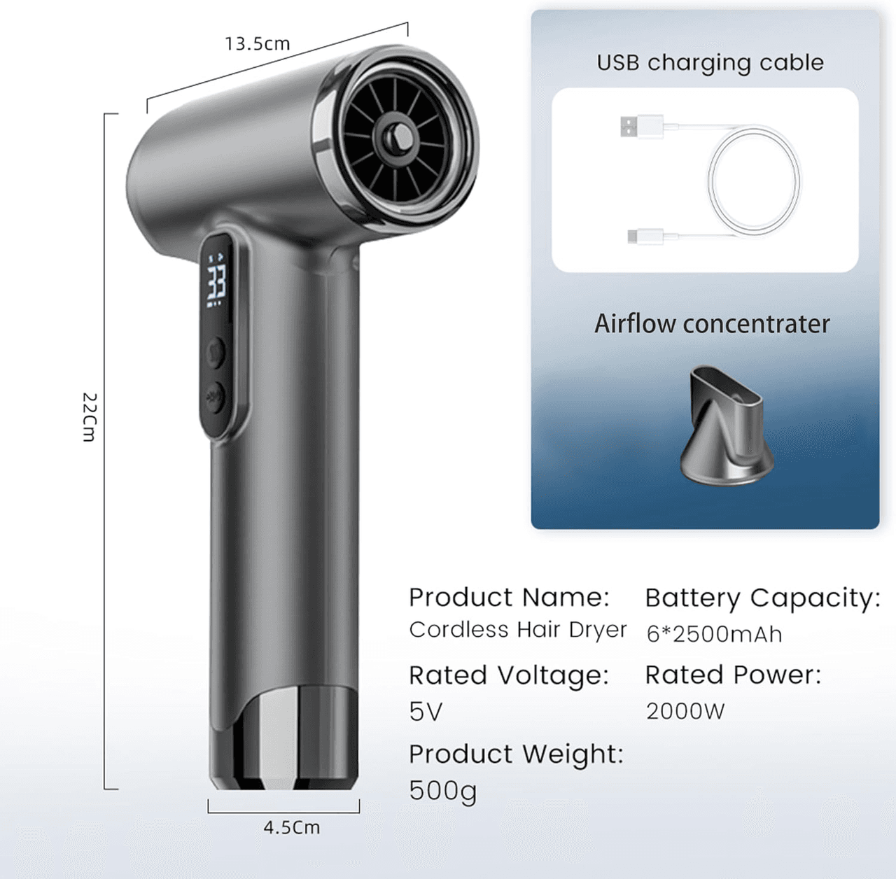 Compact cordless hair dryer with USB charging cable and airflow concentrator