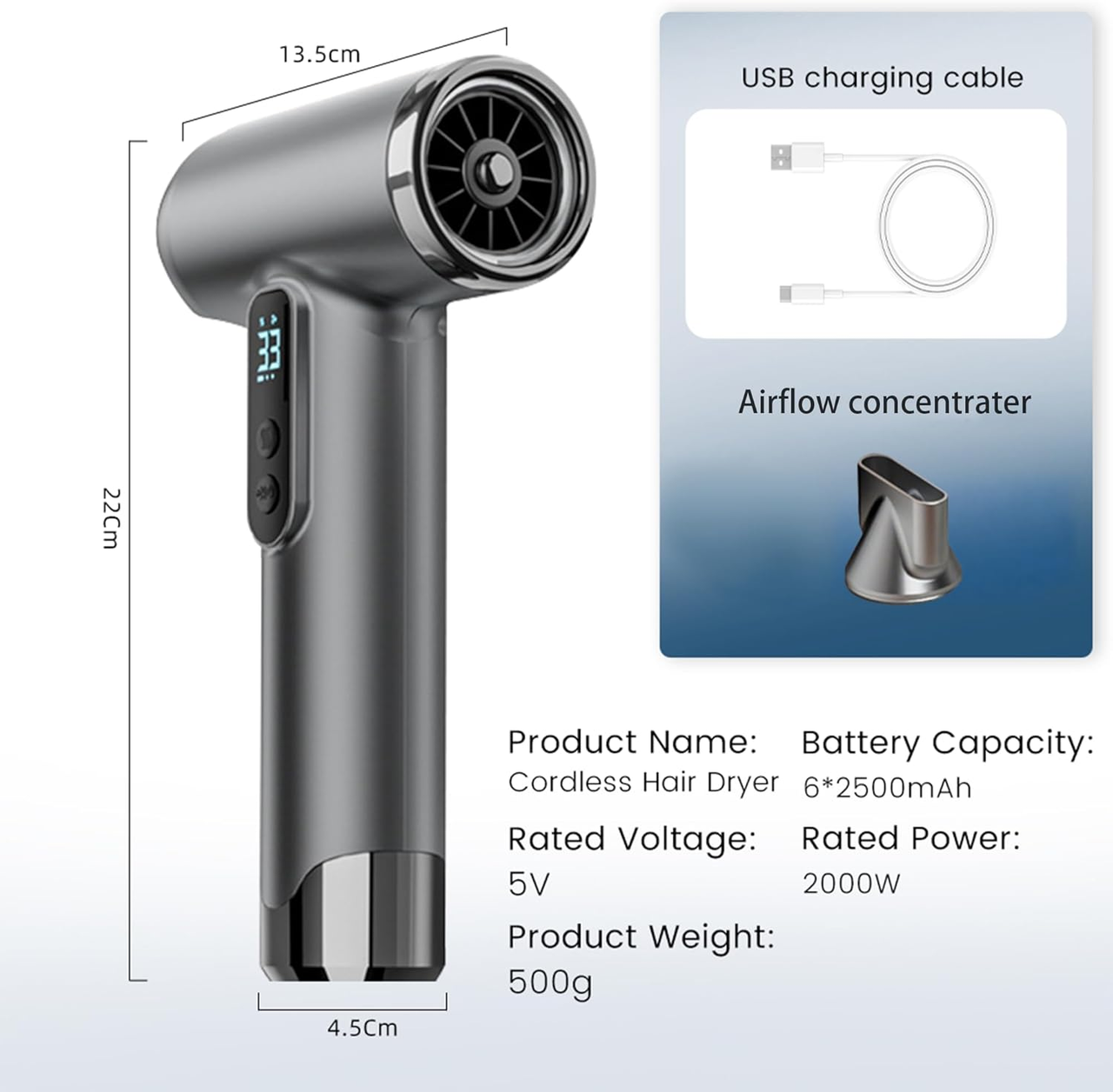 Rechargeable Cordless Handheld Hair Dryer with LED Temperature Display, Portable USB Wireless Mini Blow Dryer for Travel Camping Home Use(Pink)
