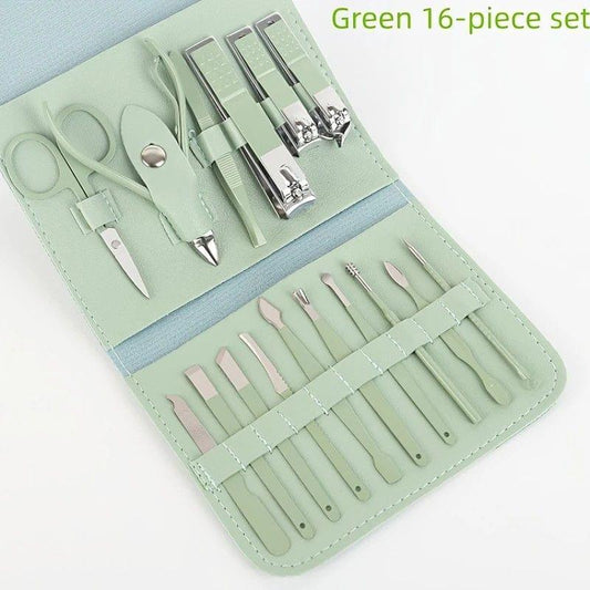 Green nail care kit in foldable case with clippers, files, scissors, and manicure tools