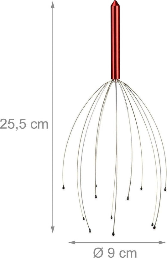 Red manual head massage device with wire prongs radiating from rounded head.
