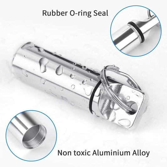 Silver aluminum pill box keychain with rubber O-ring seal and clasp