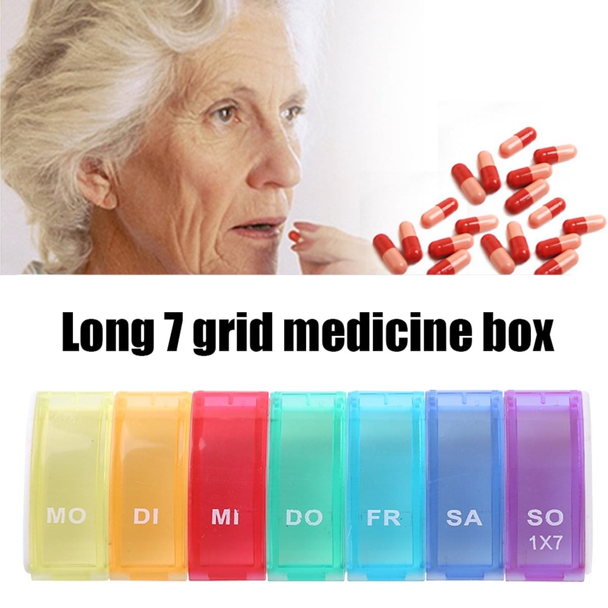 Long 7-day pill organizer with MO–SO labeled compartments, multicolor