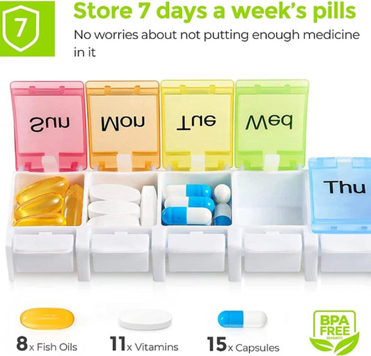 Multicolor weekly pill box with labeled compartments and removable day tray inserts