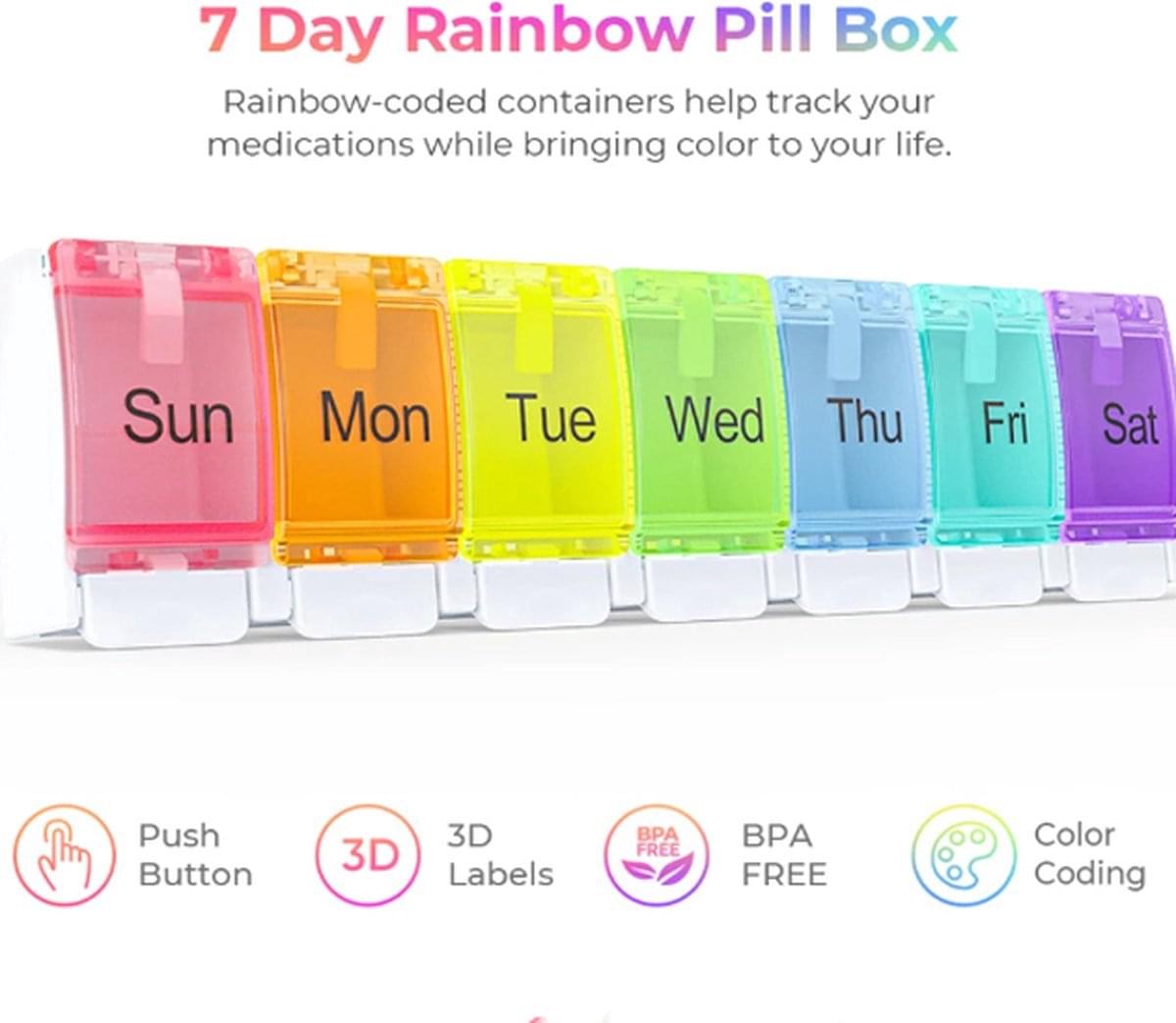 7-day rainbow pill box with seven colored day compartments on a white base