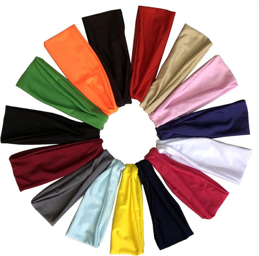 Elastic headbands bundle with multiple solid colors, satin-style fabric