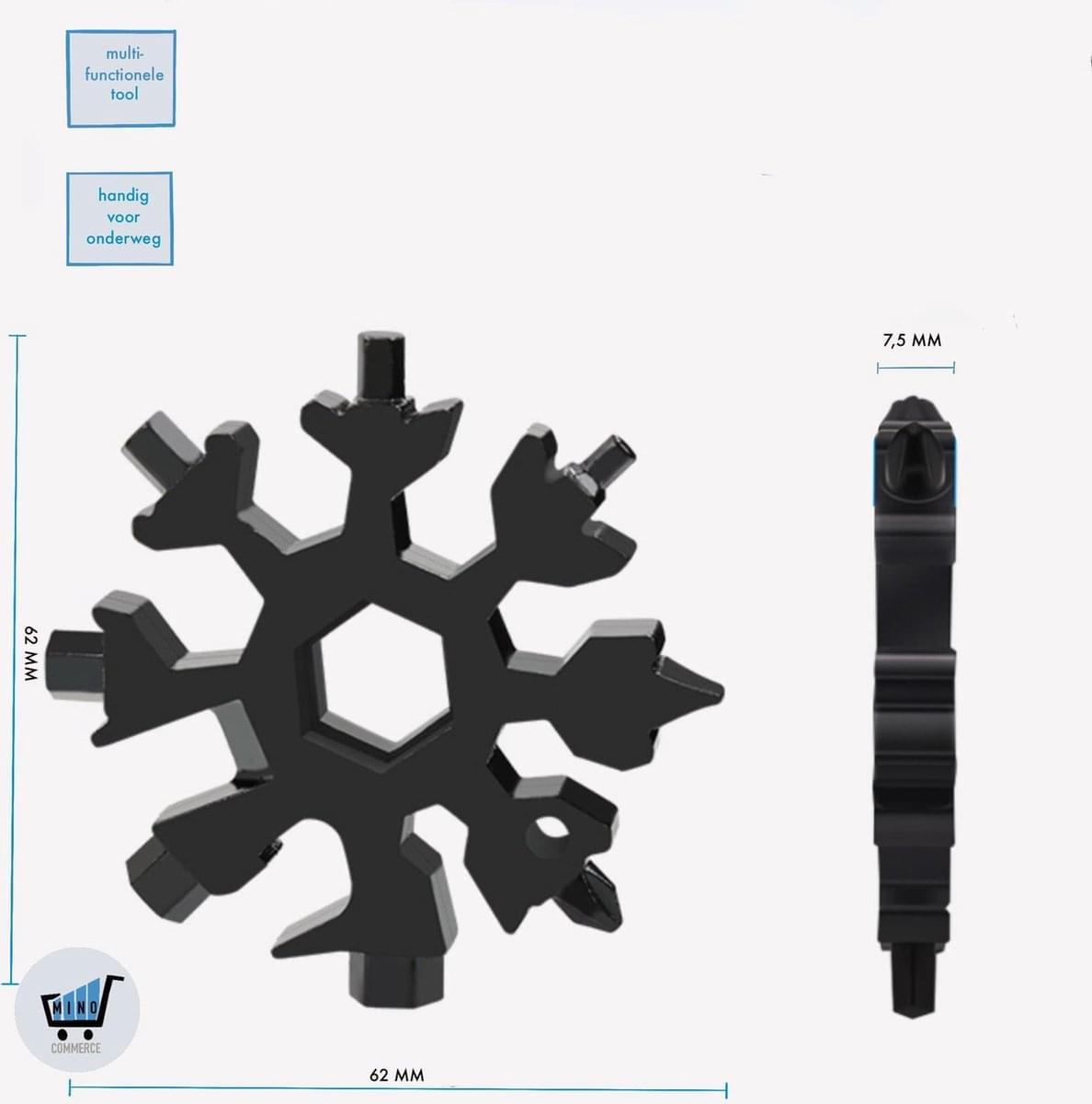 Snowflake multifunctional tool with handle, black; size measurements shown