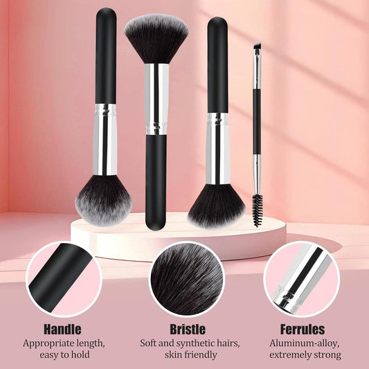 Makeup brush set with black handles, silver ferrules, soft gray bristles, and spool brush