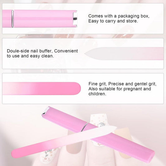 Pink double-sided glass nail file in a clear packaging box
