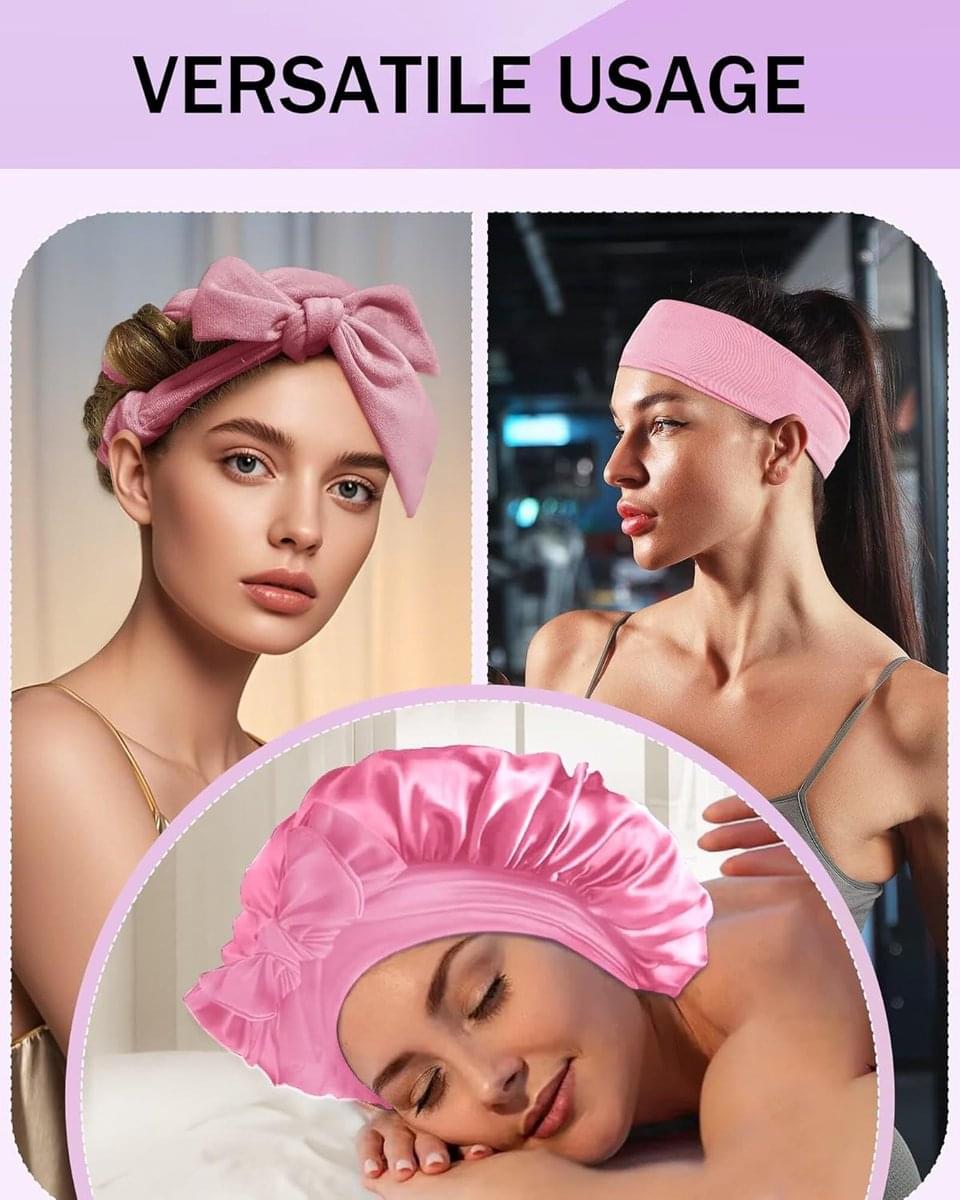 Pink hair curling cap and bonnet with bow, shown on model for sleep