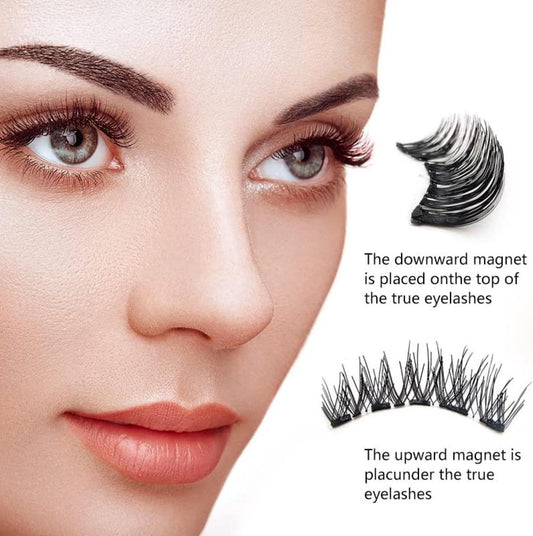 Magnetic false eyelashes with upper and lower magnets placed on true lashes