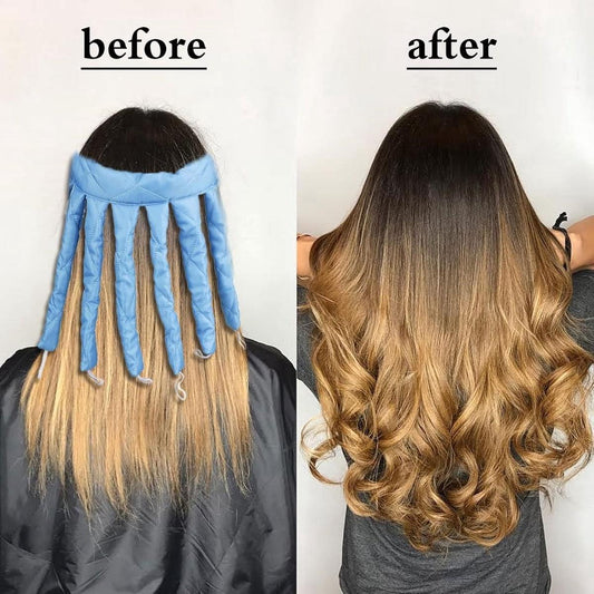 Blue heatless hair curlers on blonde hair, creating loose wavy curls