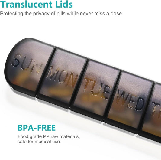 Black 7-day pill organizer with translucent lids and seven separated day sections