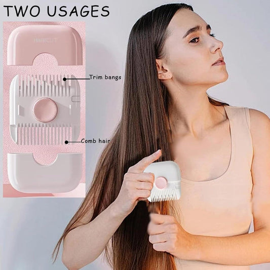 Portable pink hair trimming comb tool held against long hair.