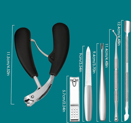Ergonomic nail clipper set with two black-handled clippers and metal file tools