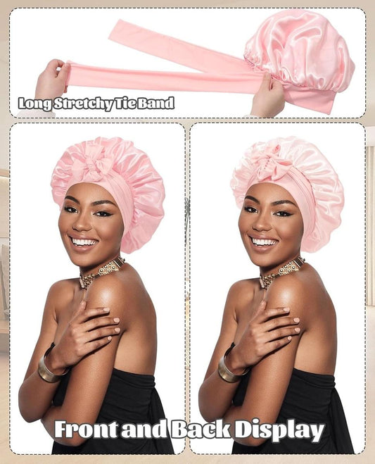 Pink satin sleep cap with long stretchy tie band and ruched crown