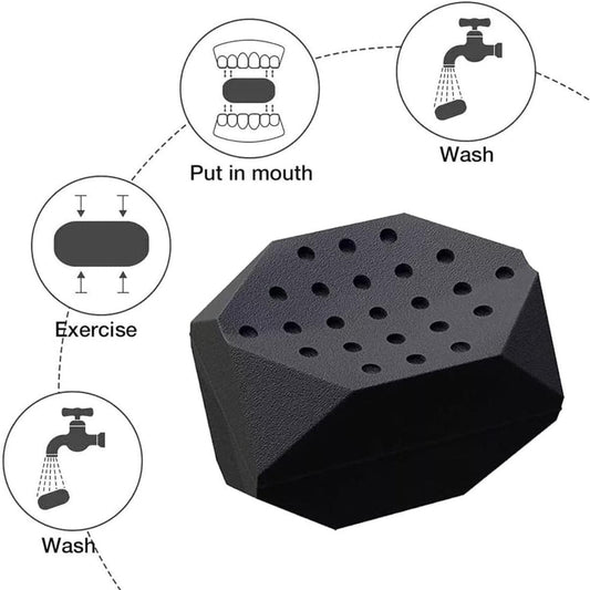 Jaw trainer mouth exercise pad, dark gray/black with rows of circular holes