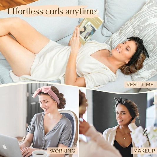 Black heatless curl headband on hair while lying on a bed