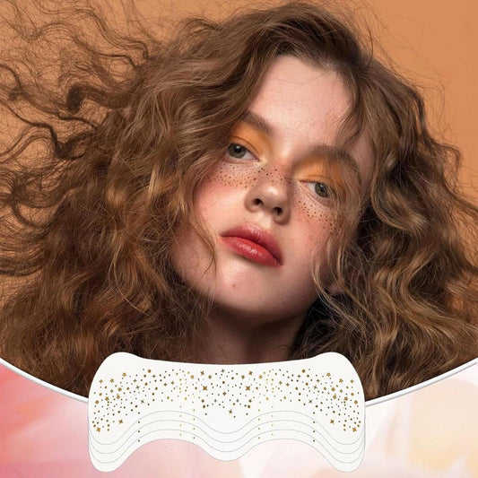 Gold glitter freckle face tattoos on skin, small star-speckled dot pattern