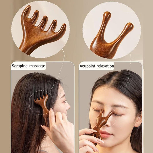 Wooden gua sha comb tool with five rounded prongs for scalp and face