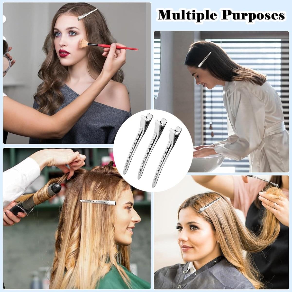 Silver duckbill hairpins used to hold curled sections of hair during styling
