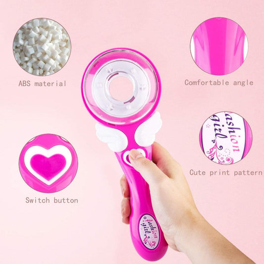 Pink hair braiding machine held in hand, showing heart button and round drum