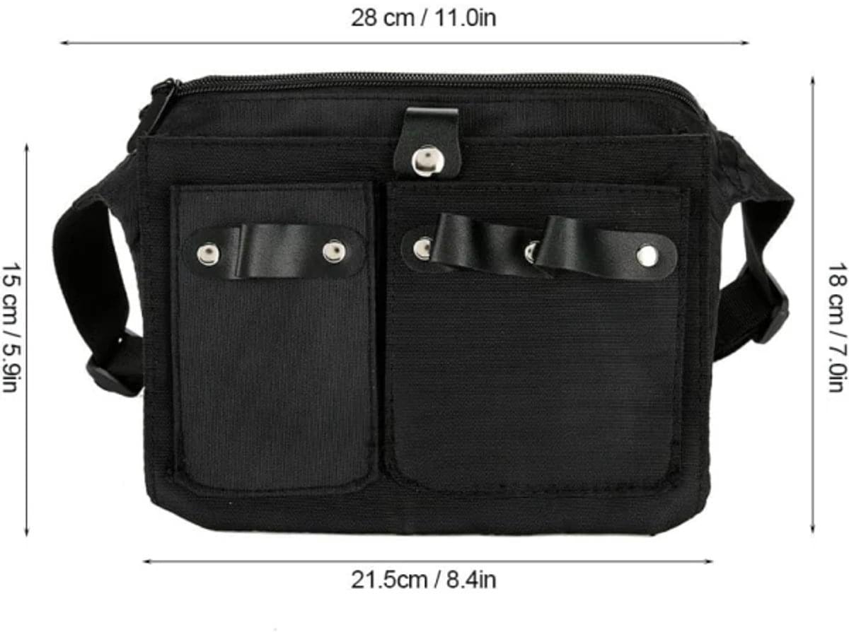 Black canvas belt bag, 28x15 cm, zipper front, two snap pockets