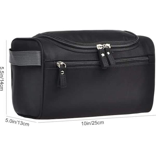 Black zippered toiletry bag with front pocket panels and reinforced side seams