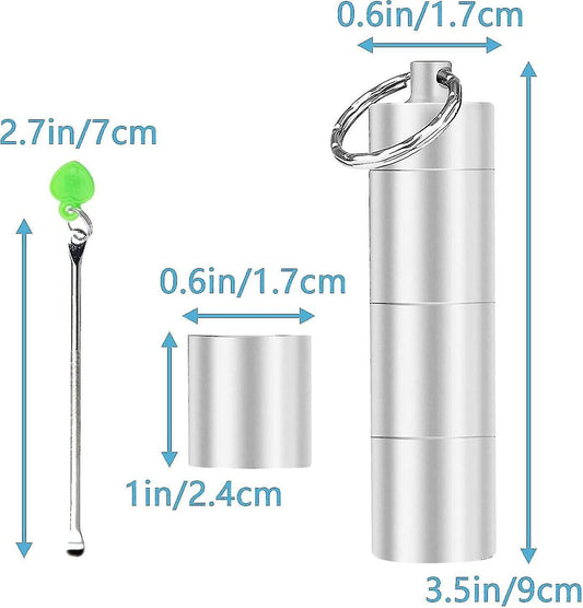 Silver 3-compartment aluminum pill organizer shown with size dimensions and key ring