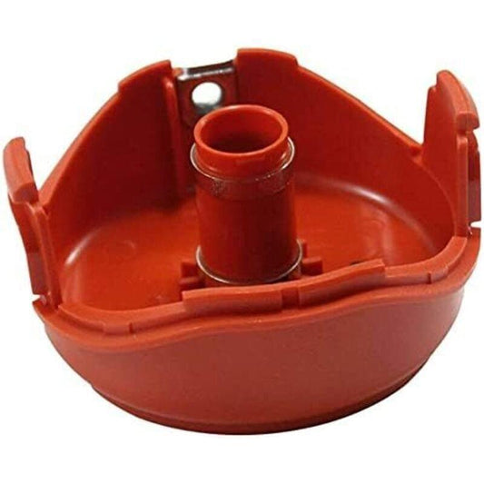 Trimmer bobbin cover, red plastic housing with metal plate and side clip tabs