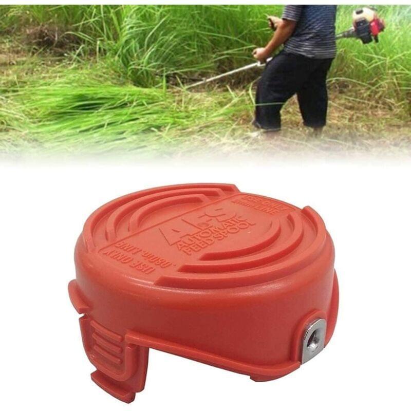 Trimmer bobbin cover, red plastic housing with top embossed text and side latch