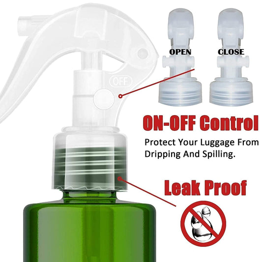 Green spray bottle with white on-off pump sprayer and open-close cap