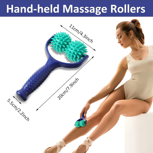 Handheld massage roller with blue handle and two teal spiked wheels