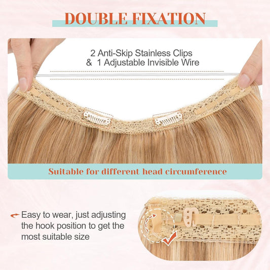 Halo hair extension band with light golden blonde hair, anti-slip clips, wire