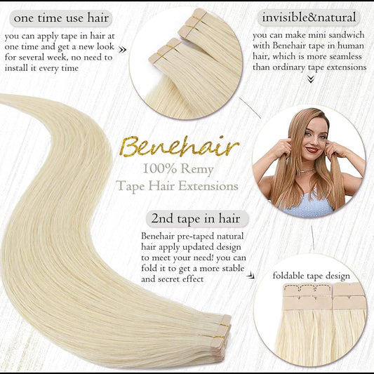 Pale blonde tape-in hair extension weft with multiple bonded tape strips