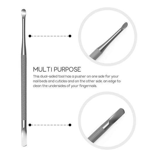 Dual-sided nail cleaner and cuticle pusher tool with angled edge, stainless steel