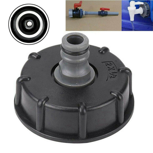 IBC adapter connection tap, black plastic housing with side outlet fitting