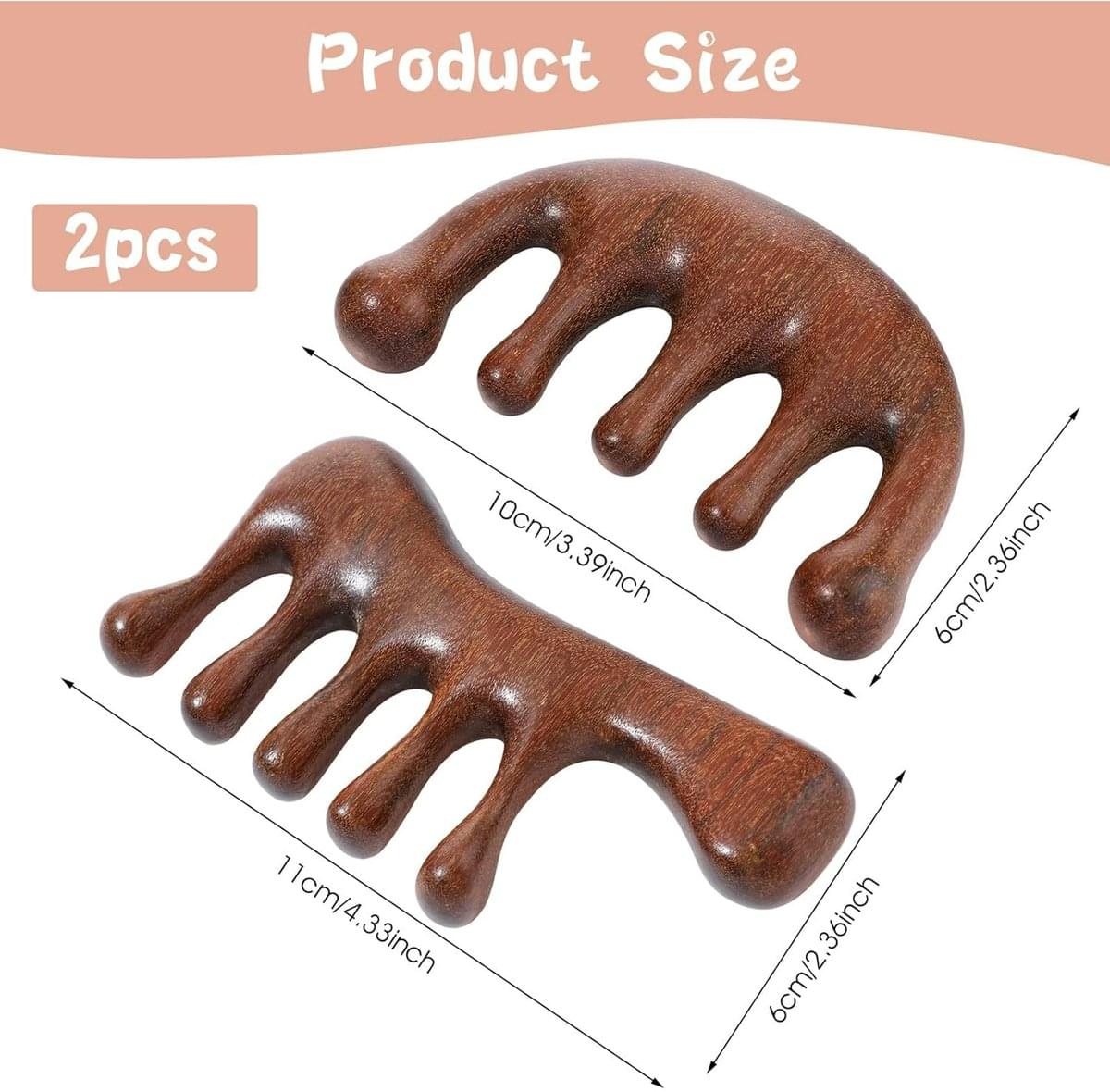Pair of wooden wide-tooth scalp massage combs, curved handles with massage tines