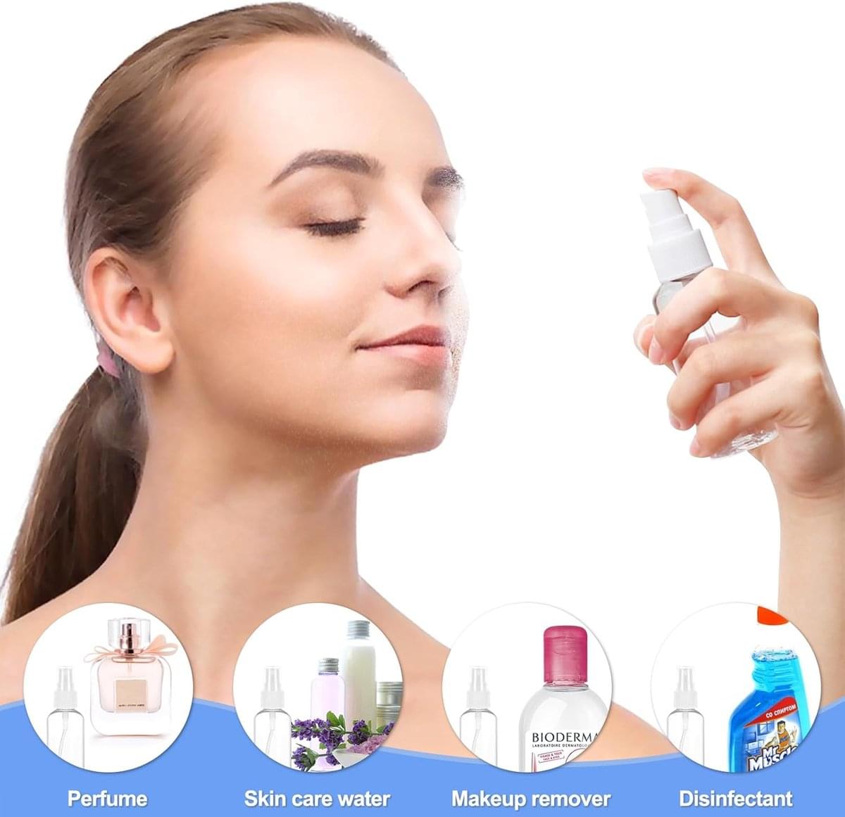 Plastic spray bottle misting near a person’s face with a white nozzle