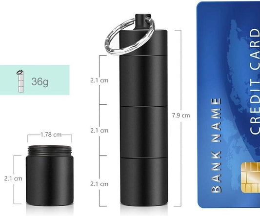 Black metal pill dispenser keychain cylinder with size markings