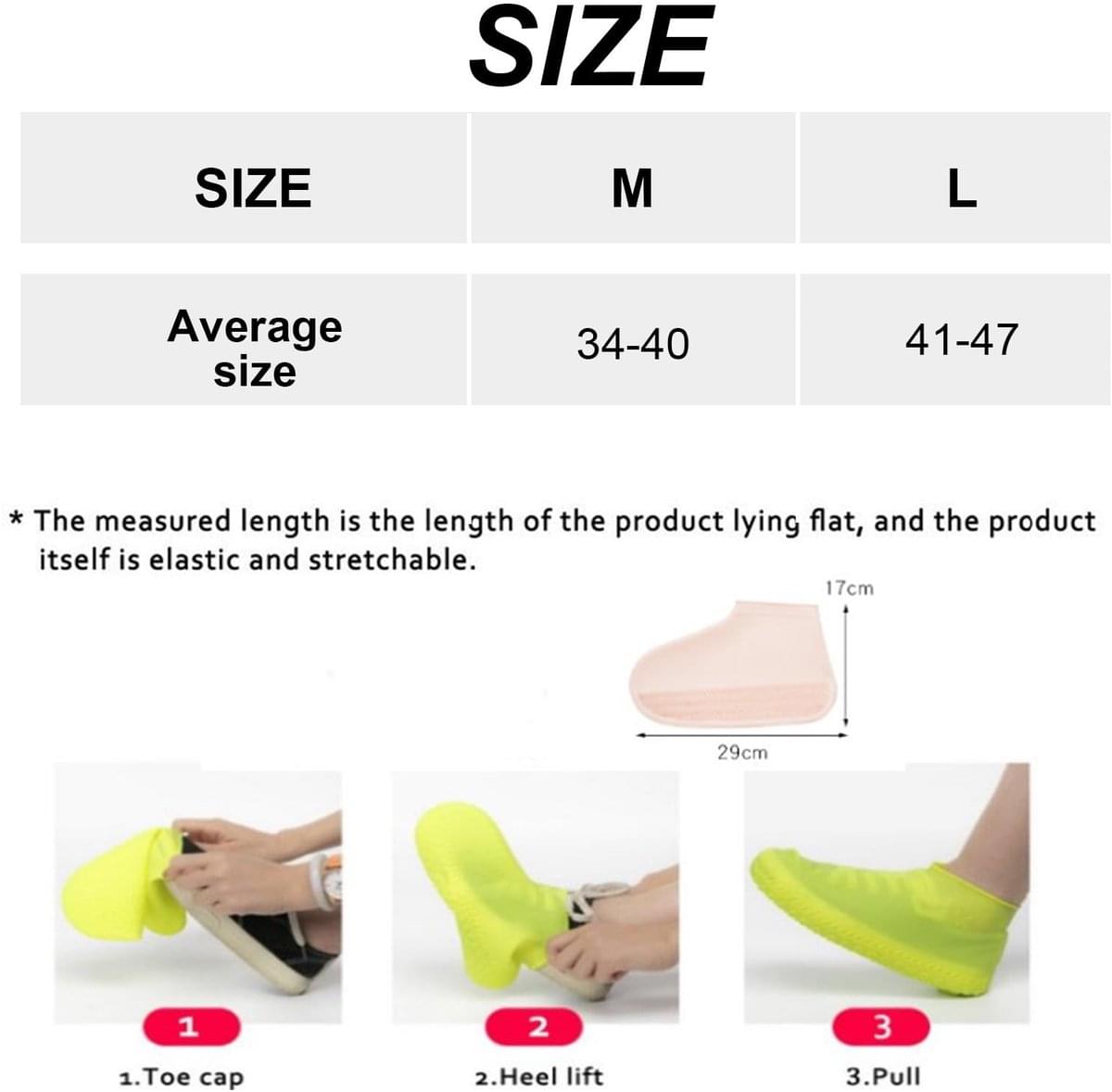 Size guide chart for yellow silicone overshoes, measurements for sizes M and L