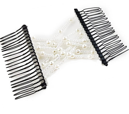 Pearl hair comb clips with black metal teeth and white beaded strands, close-up