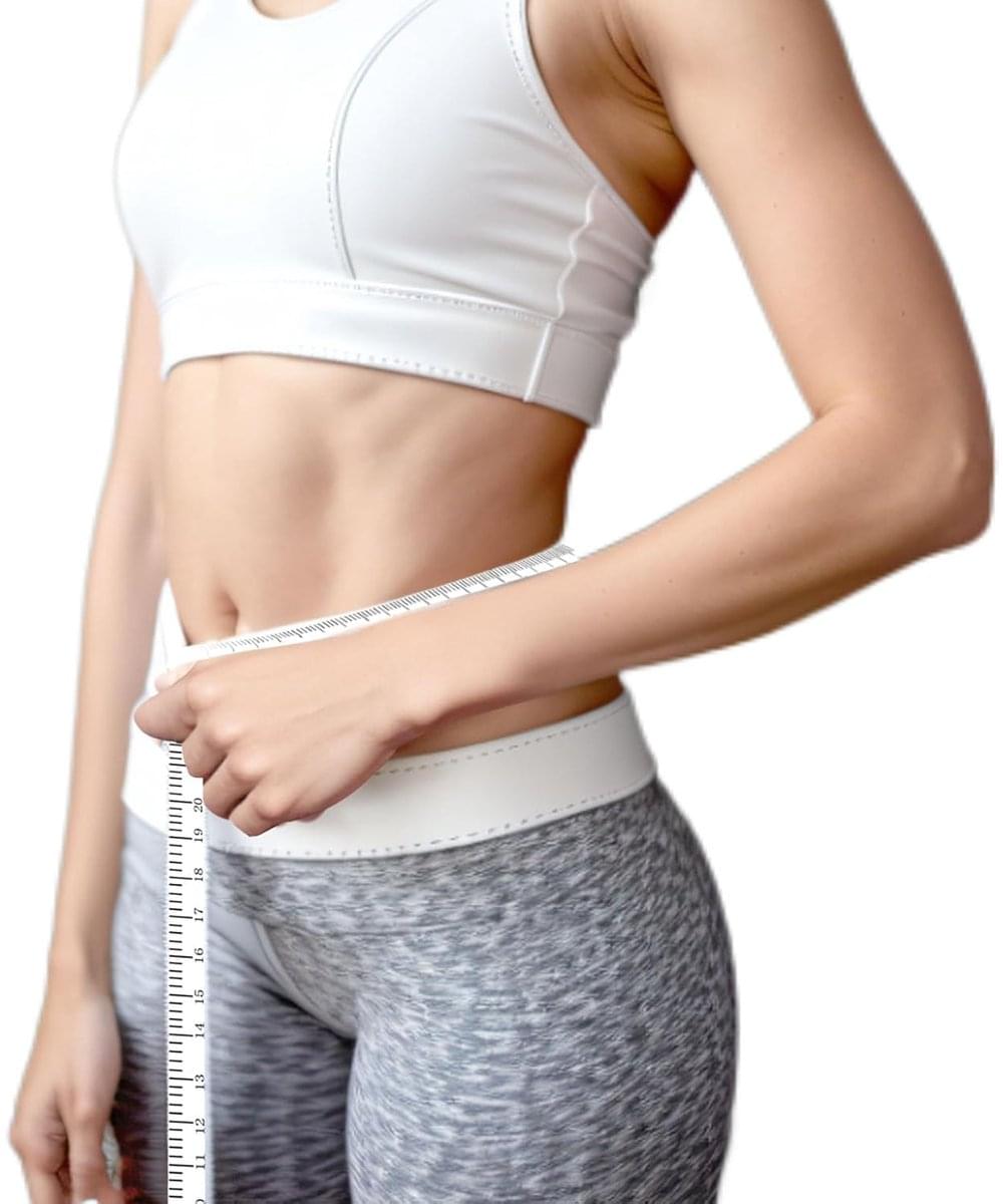 Retractable tape measure measuring waist on person’s torso, extended tape
