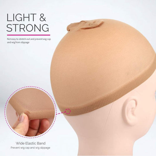 Light brown wig cap with wide elastic band, on a mannequin head