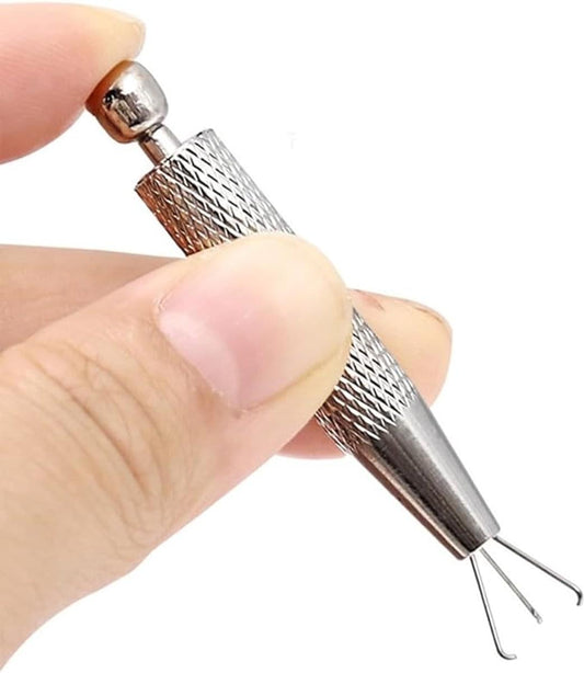 Stainless steel clamp tool held in hand, anti-slip mesh grip and four prongs