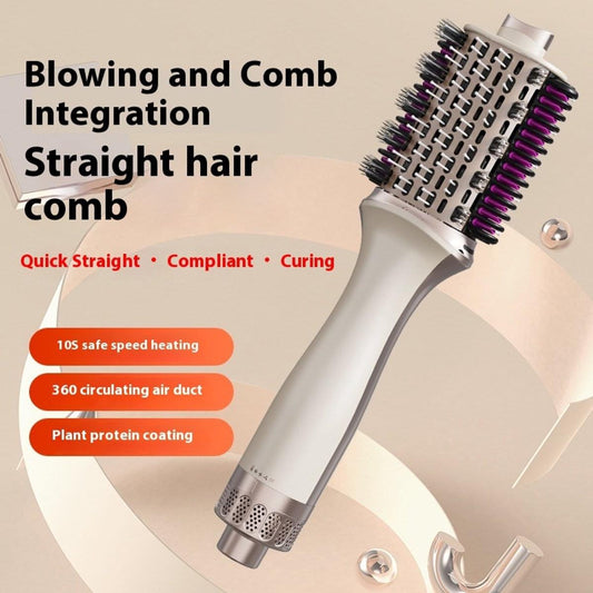 Hair dryer brush styling tool with round comb barrel and purple bristle tips