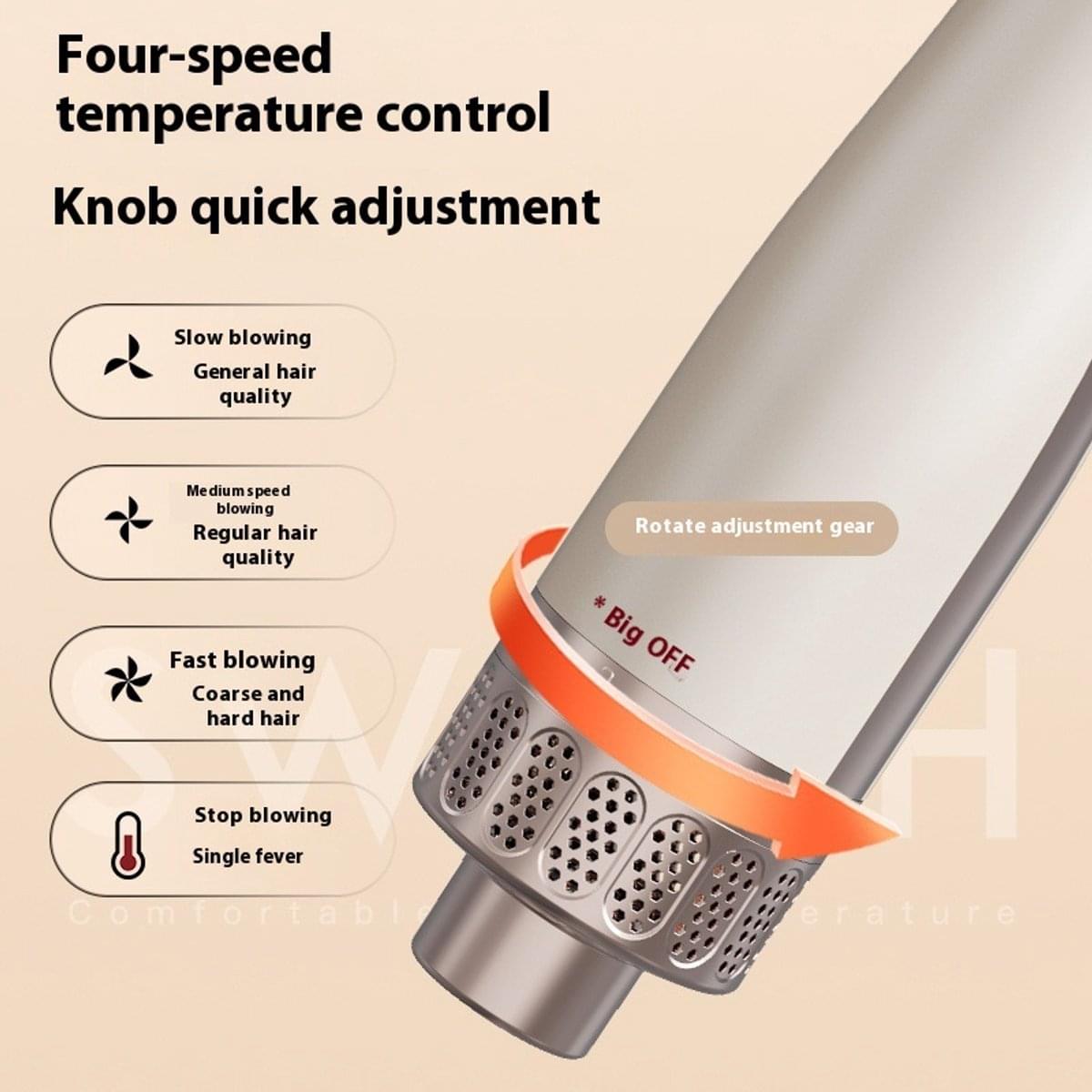 Hair dryer brush with temperature control knob and vented barrel, white and orange